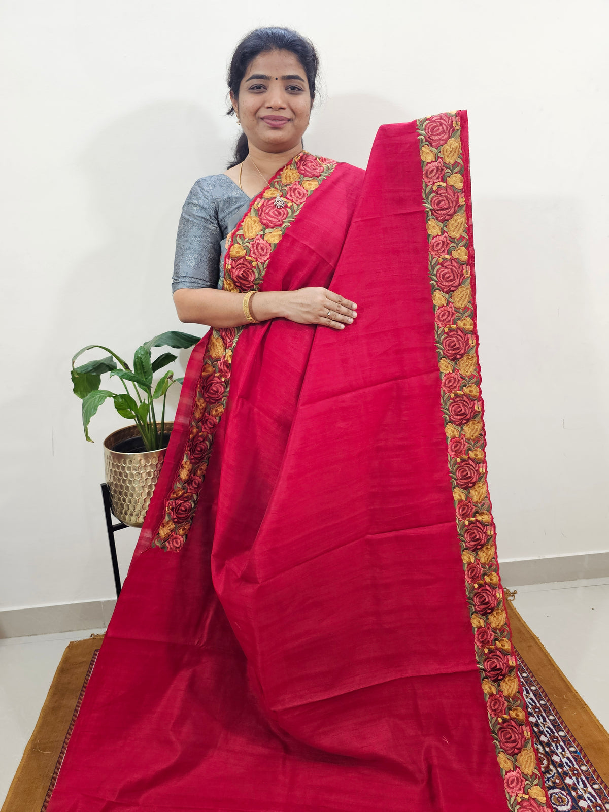 Semi Tussar with Multi Thread Heavy Emboridery Saree - Red