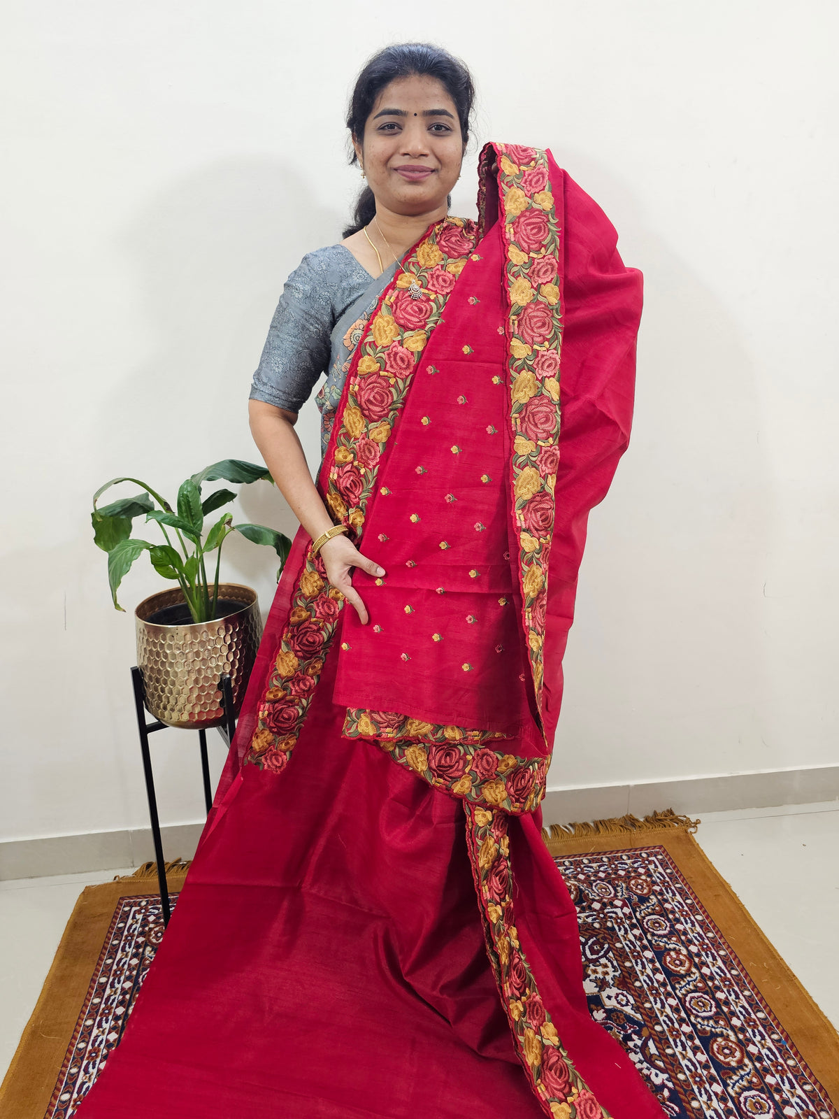 Semi Tussar with Multi Thread Heavy Emboridery Saree - Red