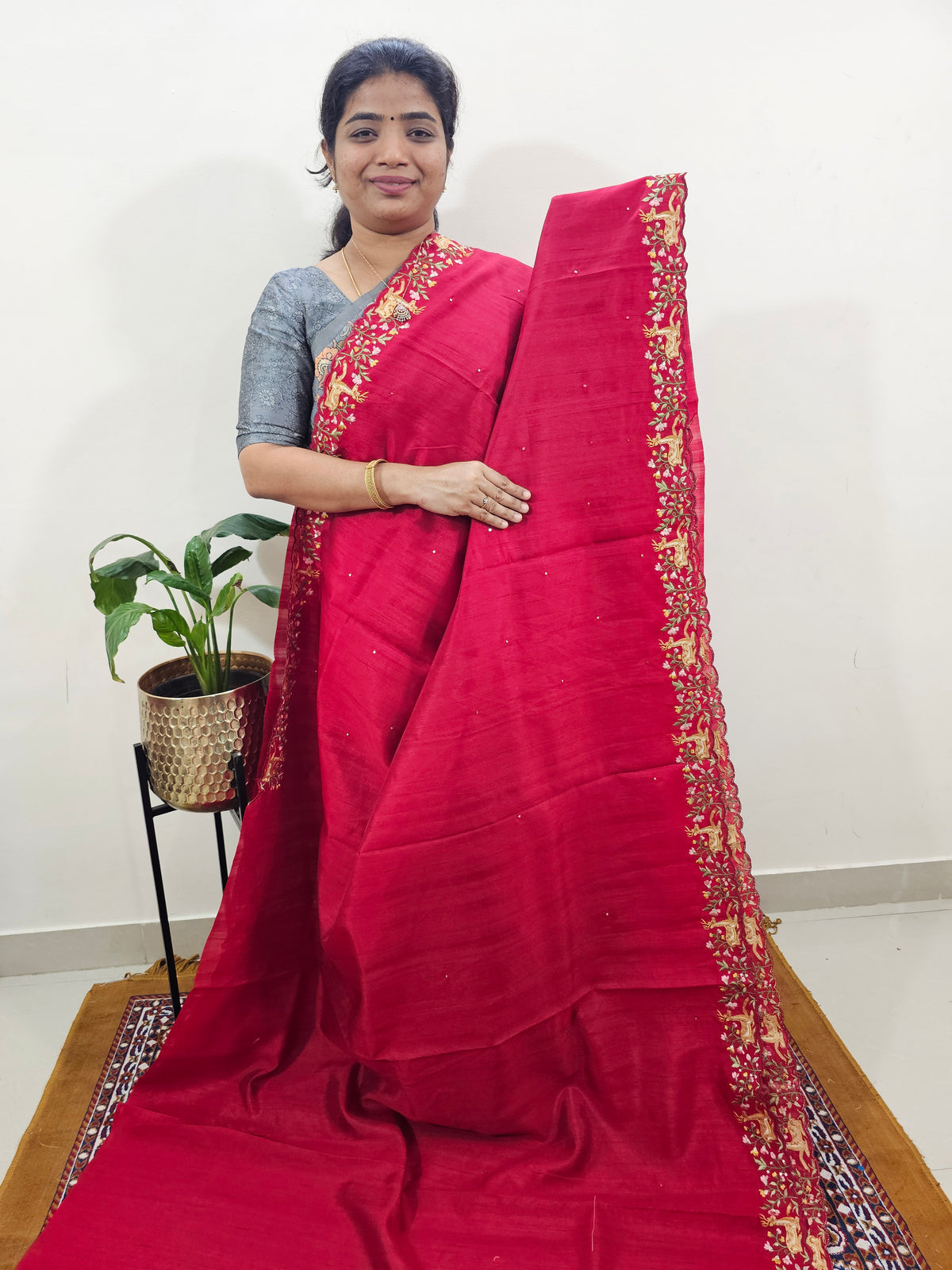 Semi Tussar with Multi Thread Heavy Emboridery Saree - Red