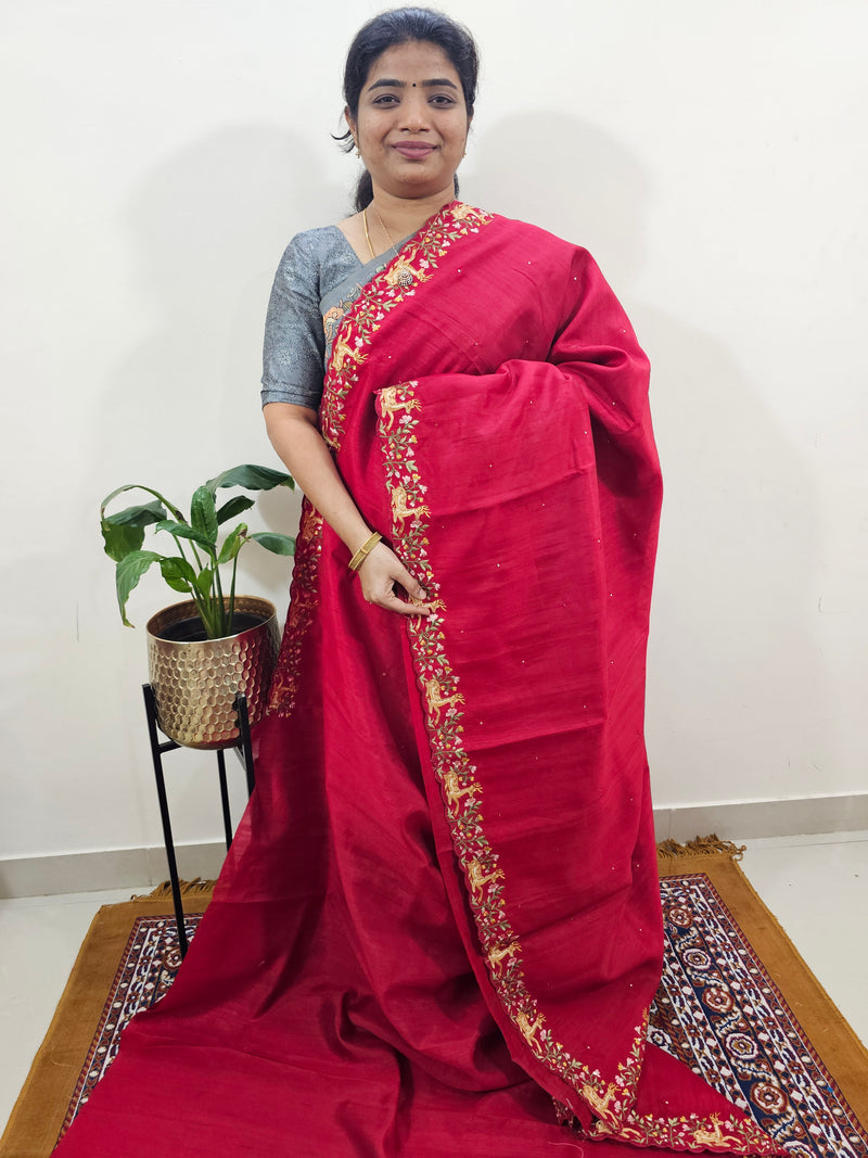 Semi Tussar with Multi Thread Heavy Emboridery Saree - Red