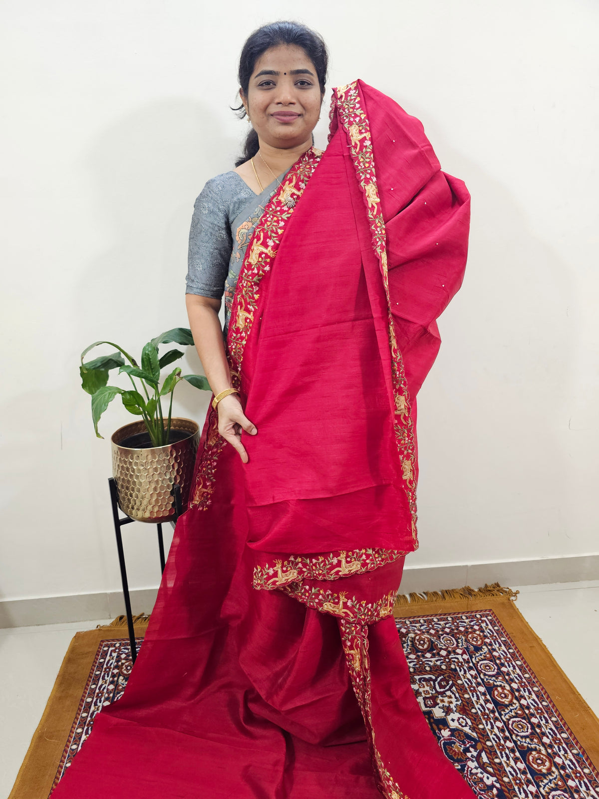 Semi Tussar with Multi Thread Heavy Emboridery Saree - Red