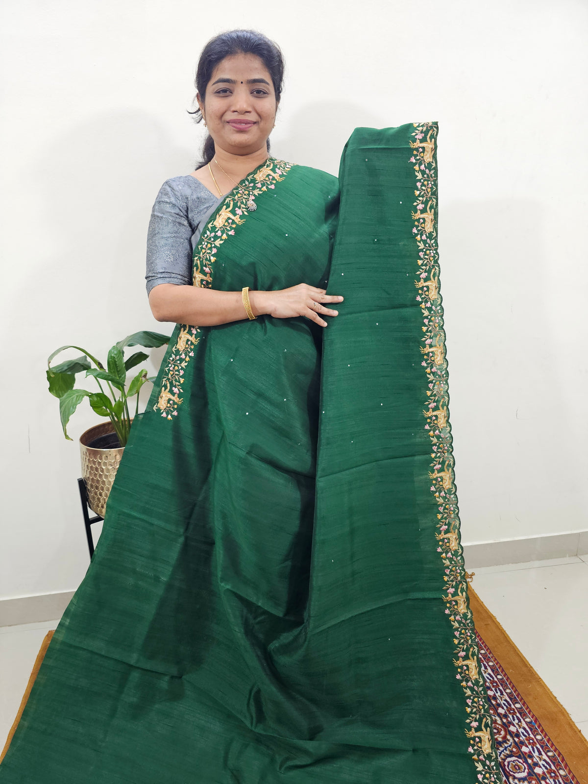 Semi Tussar with Multi Thread Heavy Emboridery Saree - Bottle Green