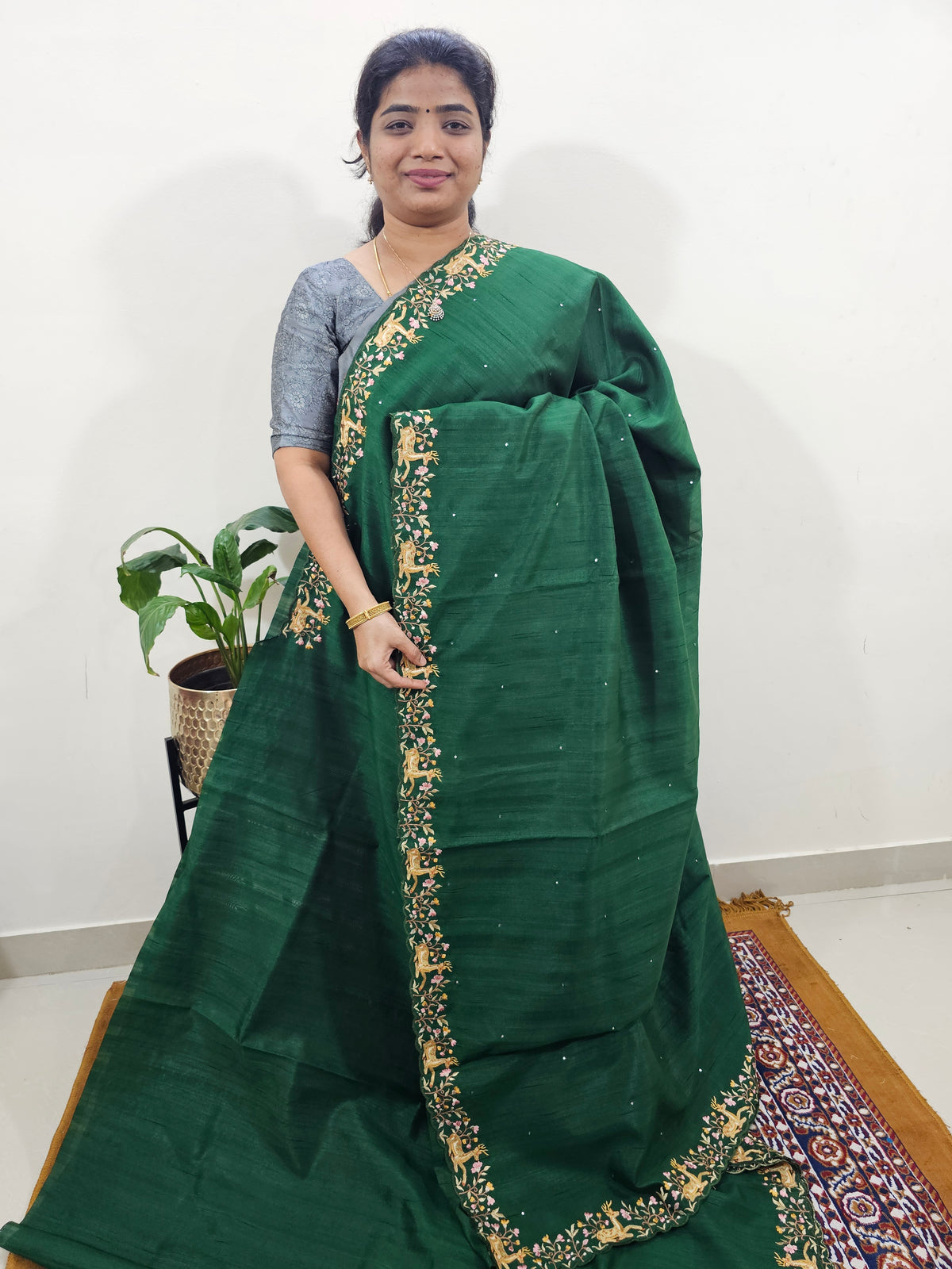 Semi Tussar with Multi Thread Heavy Emboridery Saree - Bottle Green