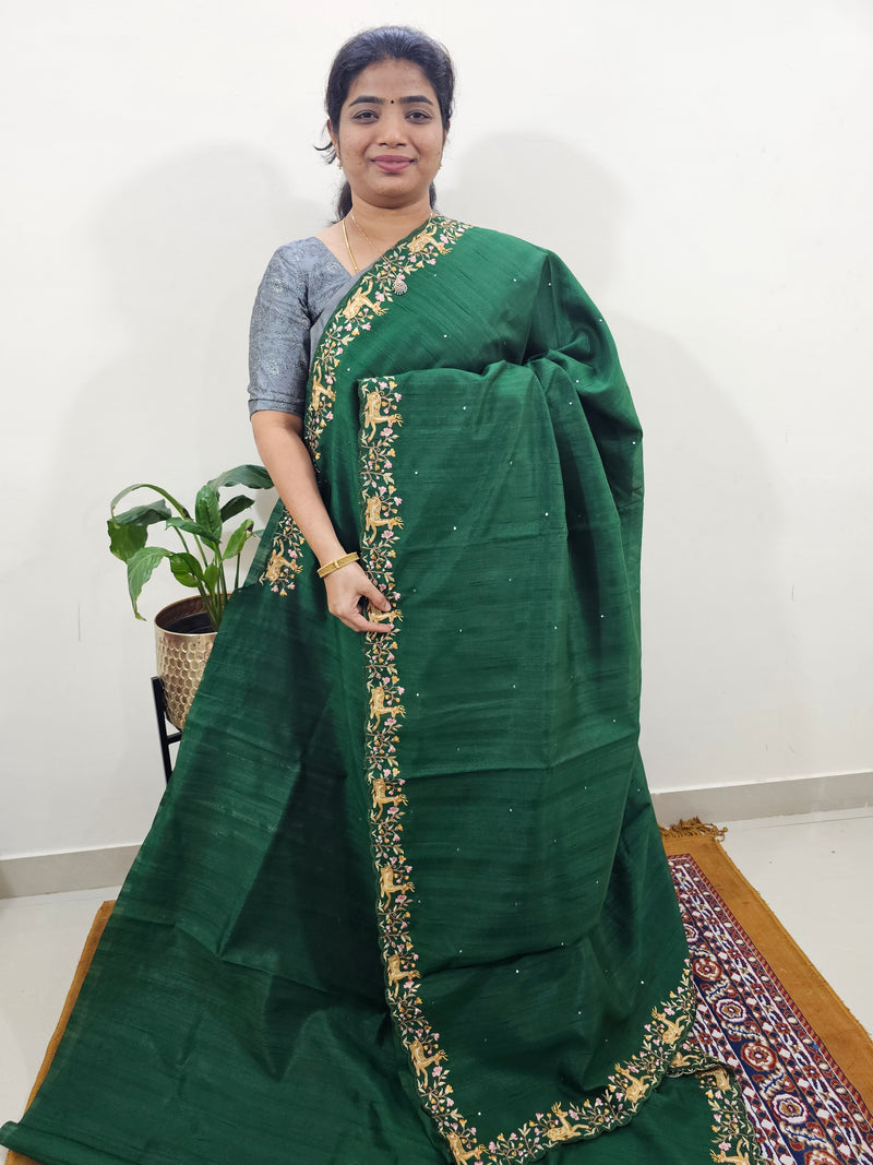 Semi Tussar with Multi Thread Heavy Emboridery Saree - Bottle Green