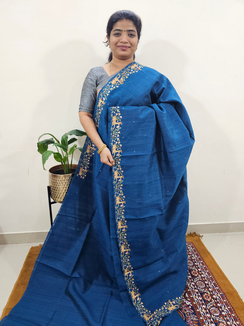 Semi Tussar with Multi Thread Heavy Emboridery Saree - Peacock Blue