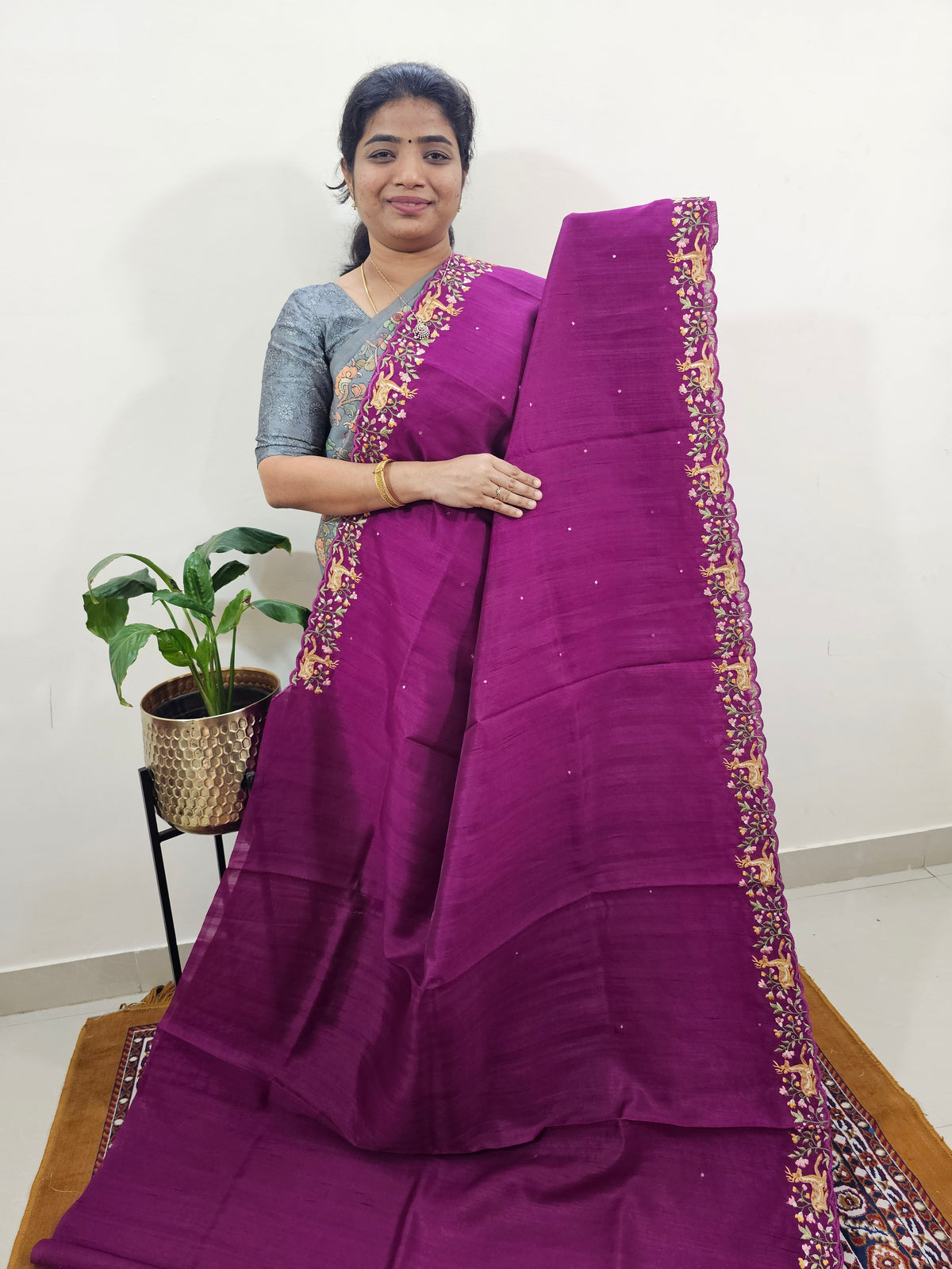 Semi Tussar with Multi Thread Heavy Emboridery Saree -  Magenta Pink