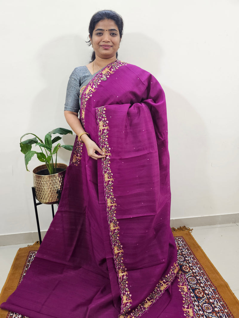 Semi Tussar with Multi Thread Heavy Emboridery Saree -  Magenta Pink