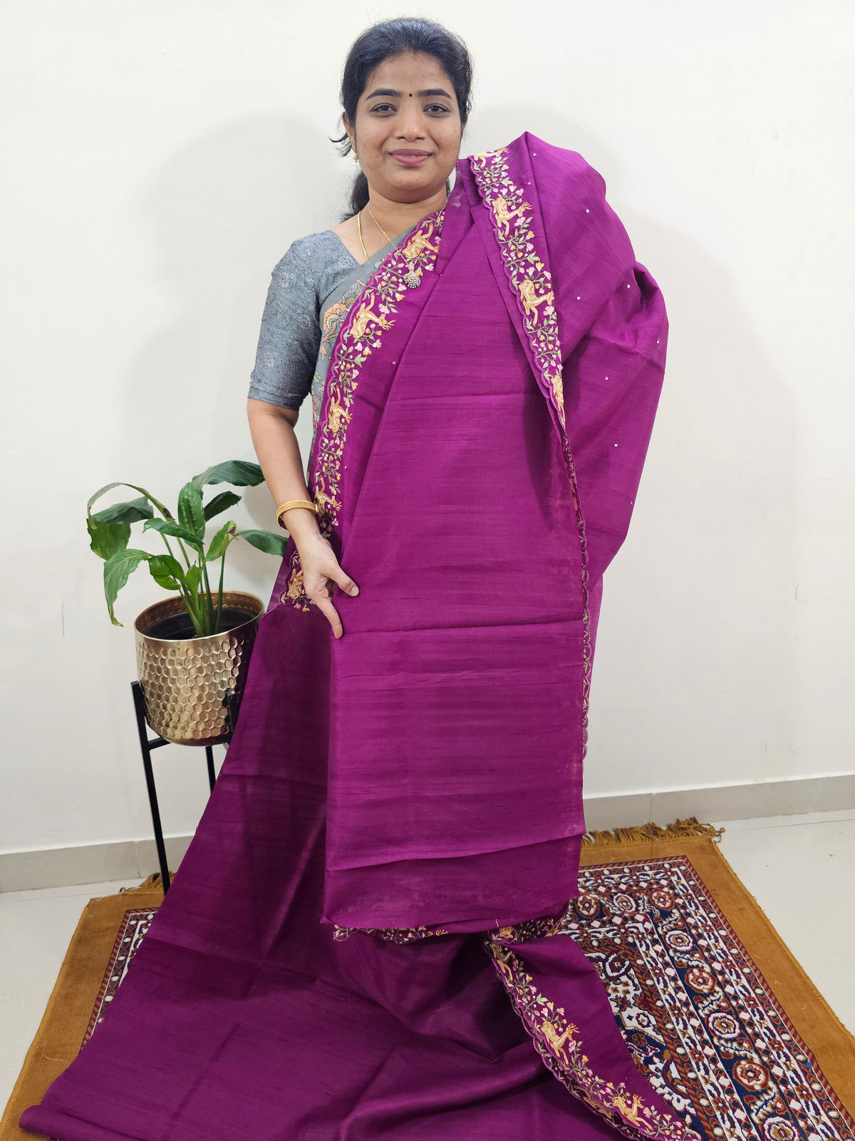 Semi Tussar with Multi Thread Heavy Emboridery Saree -  Magenta Pink