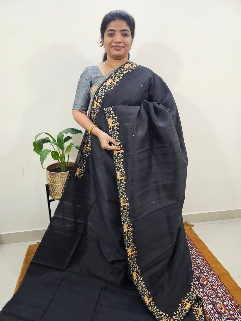Semi Tussar with Multi Thread Heavy Emboridery Saree - Black