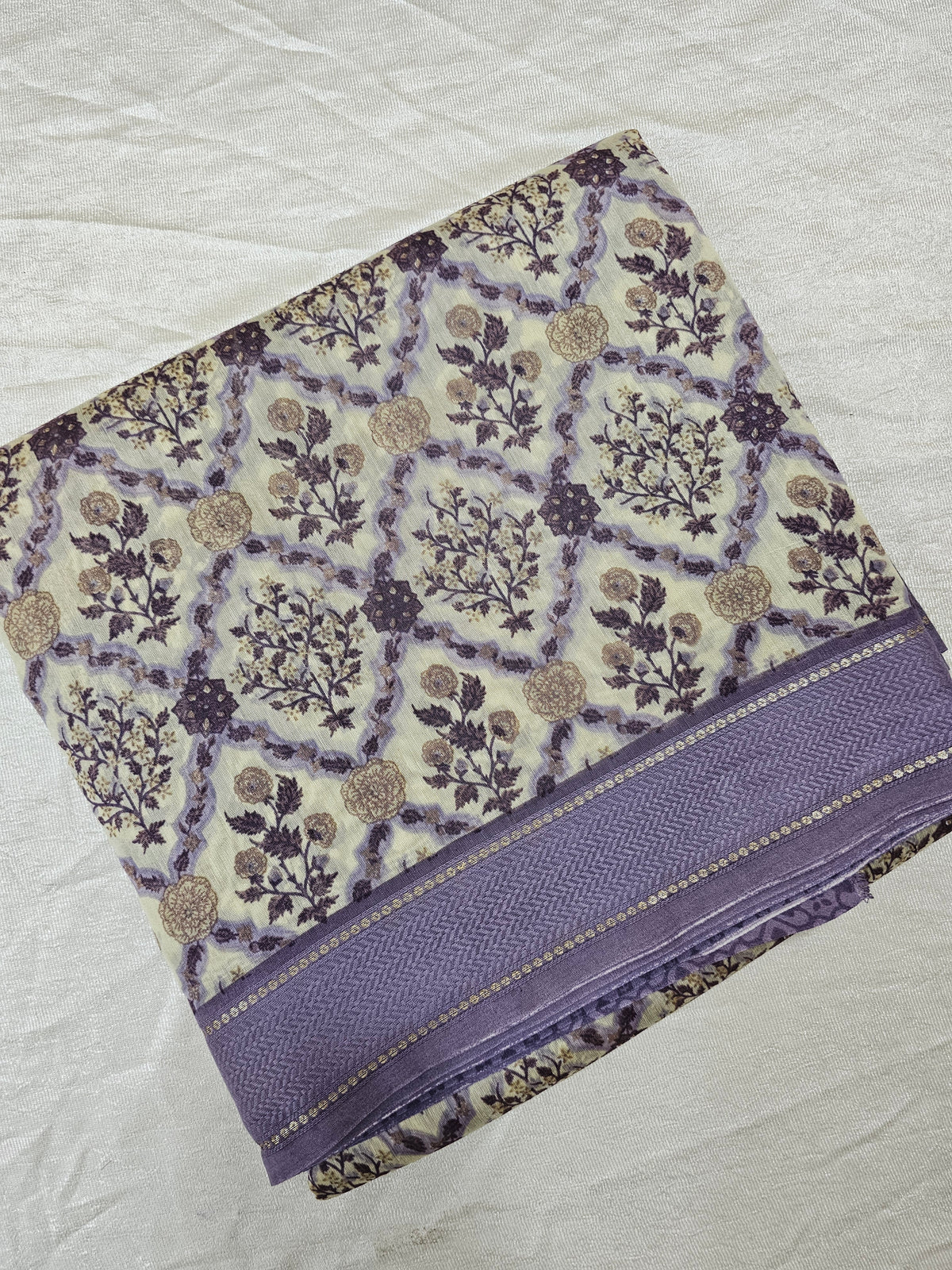 Pure Chanderi Butter Silk - Off-white with Lavender