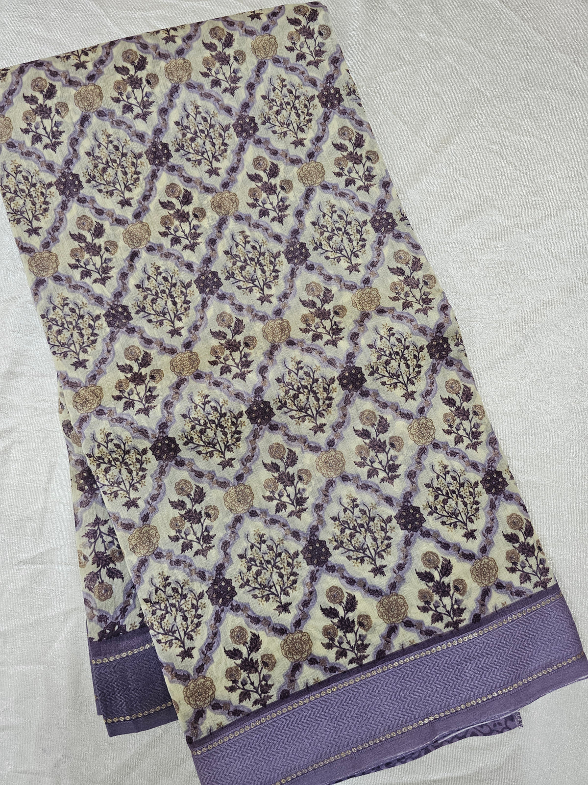 Pure Chanderi Butter Silk - Off-white with Lavender