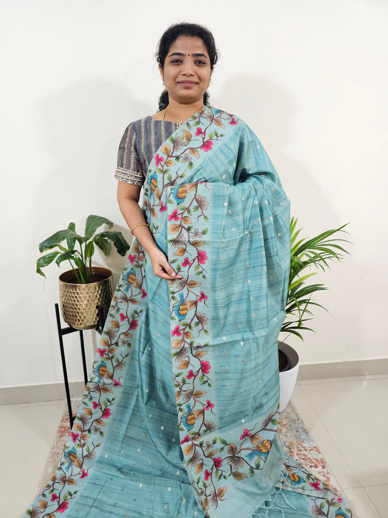 Soft Semi Tussar Weaving Butti with Satin Border - Blue