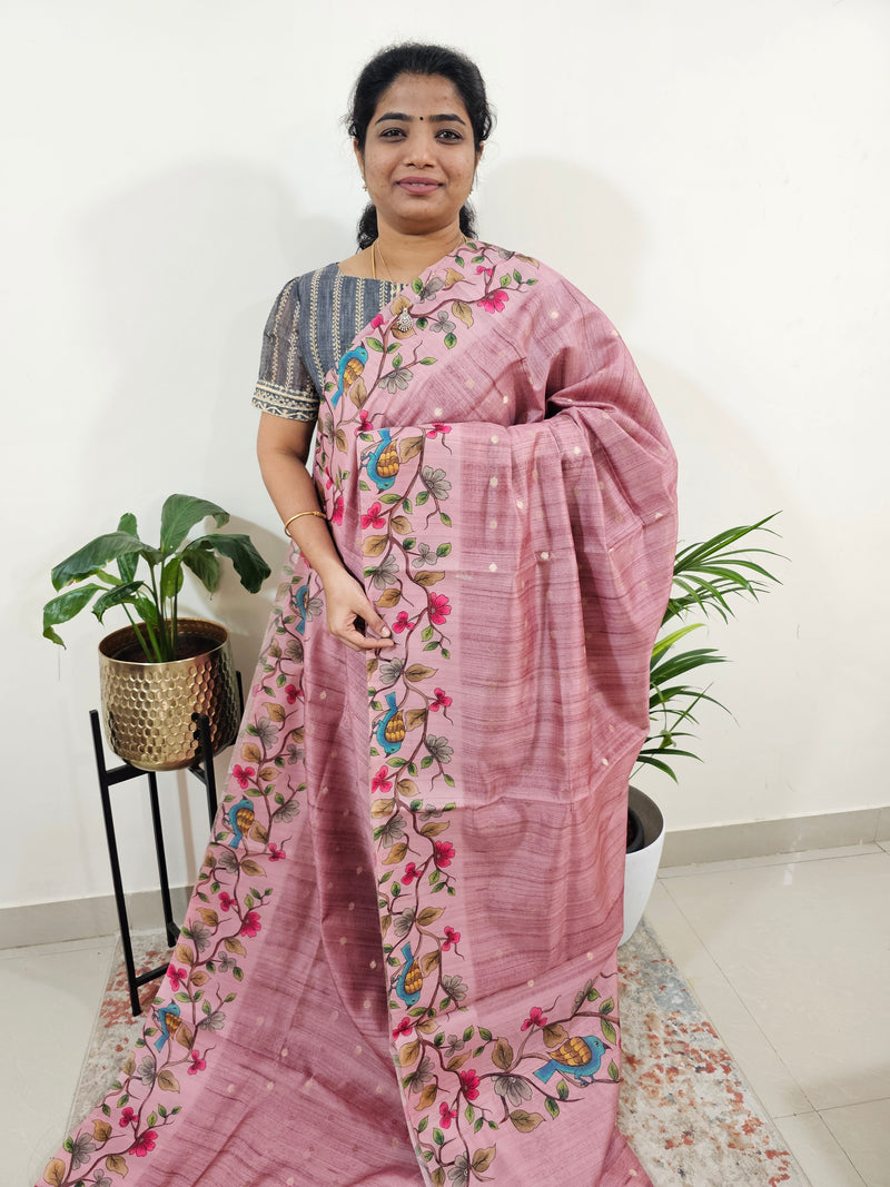 Soft Semi Tussar Weaving Butti with Satin Border - Onion Pink