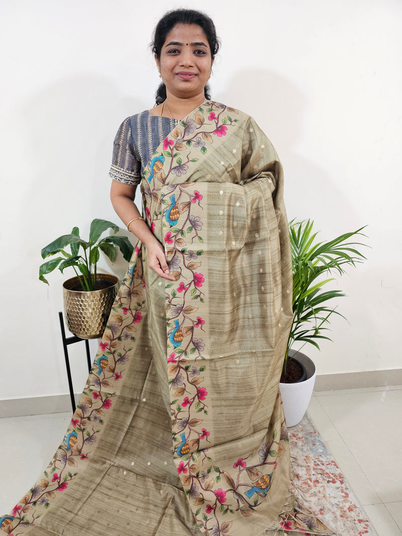 Soft Semi Tussar Weaving Butti with Satin Border - Mehindi Green