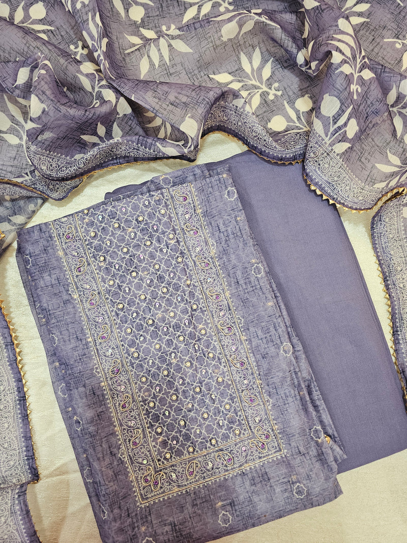 Chanderi with Heavy Neck Unstitched Salwar Suit  -  Purple
