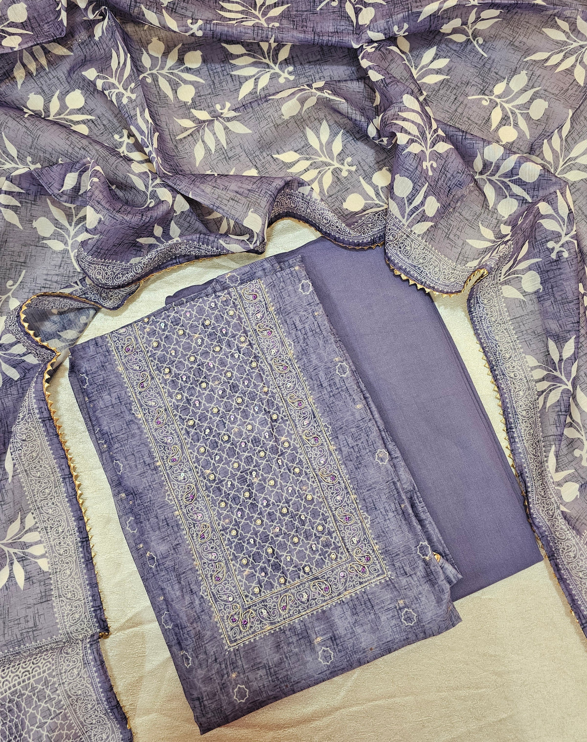 Chanderi with Heavy Neck Unstitched Salwar Suit  -  Purple