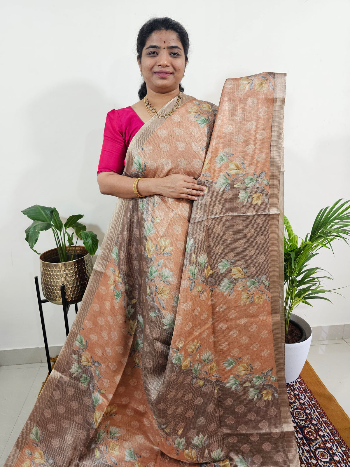 Soft Semi Tussar with Tissue Weaving  -Brown