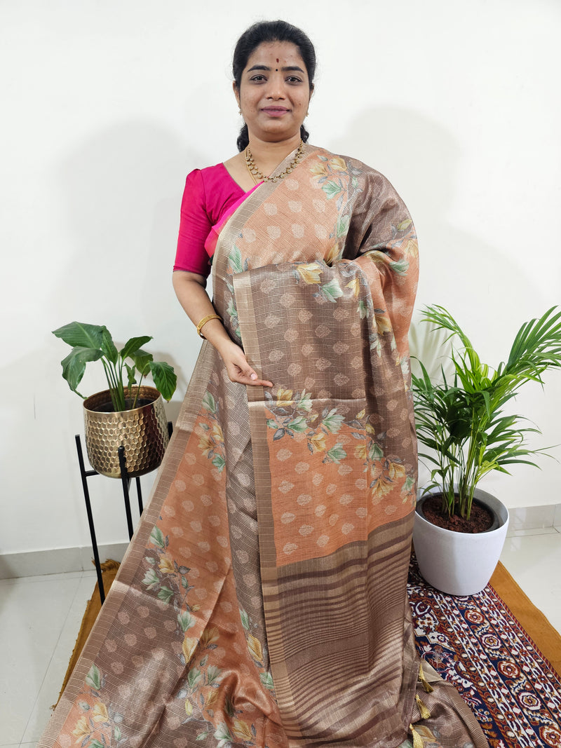 Soft Semi Tussar with Tissue Weaving  -Brown