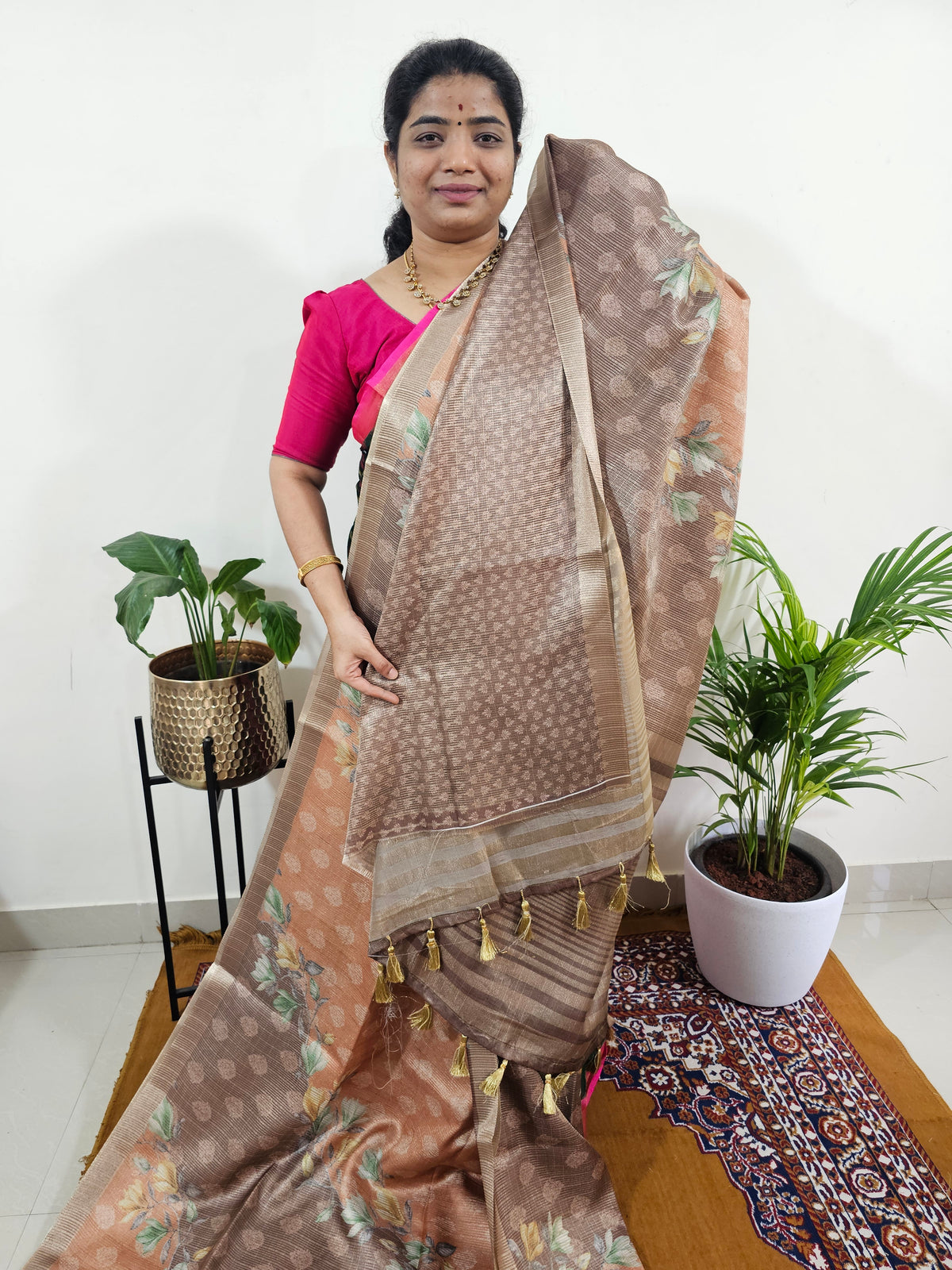 Soft Semi Tussar with Tissue Weaving  -Brown