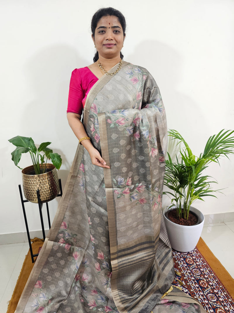 Soft Semi Tussar with Tissue Weaving  - Grey