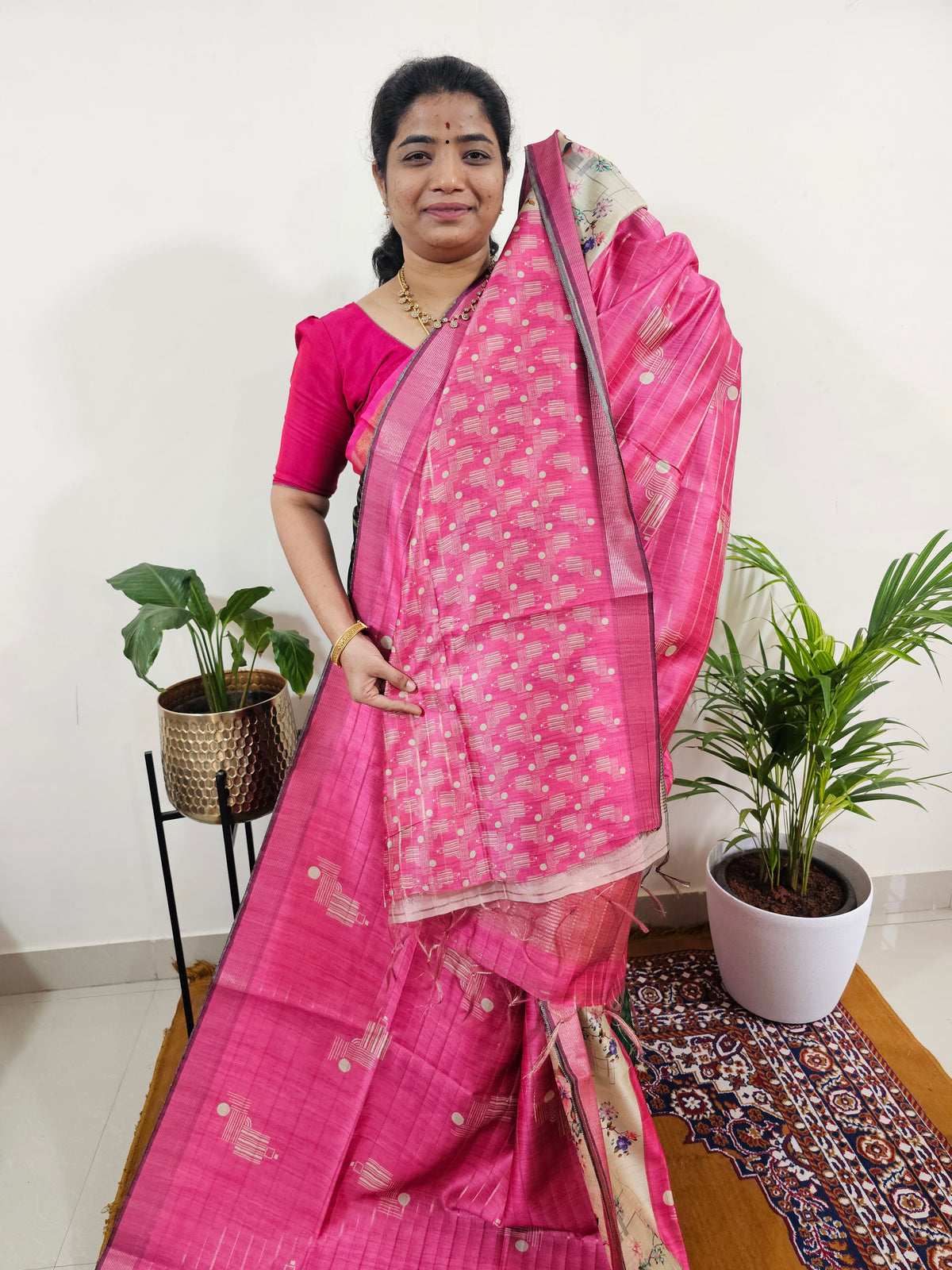 Soft Semi Tussar Weaving with Pichwai Border - Pink