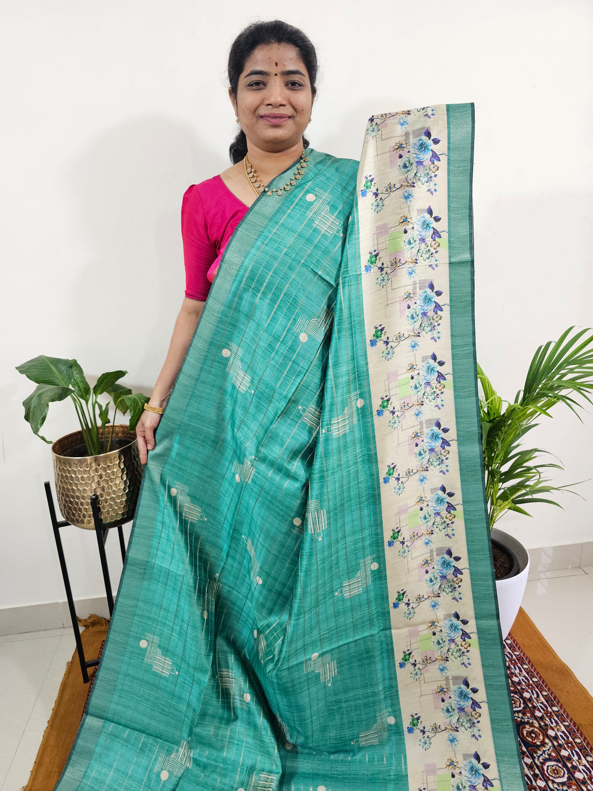 Soft Semi Tussar Weaving with Floral Border - Sea Green