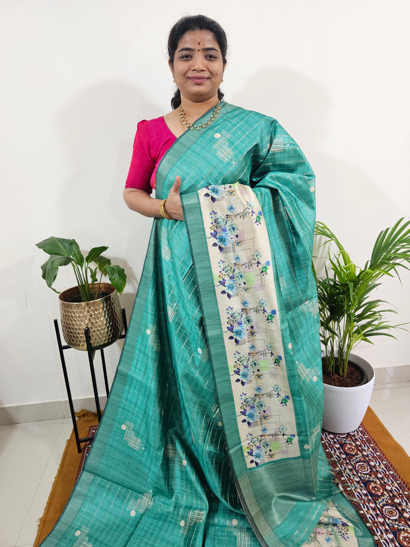 Soft Semi Tussar Weaving with Floral Border - Sea Green