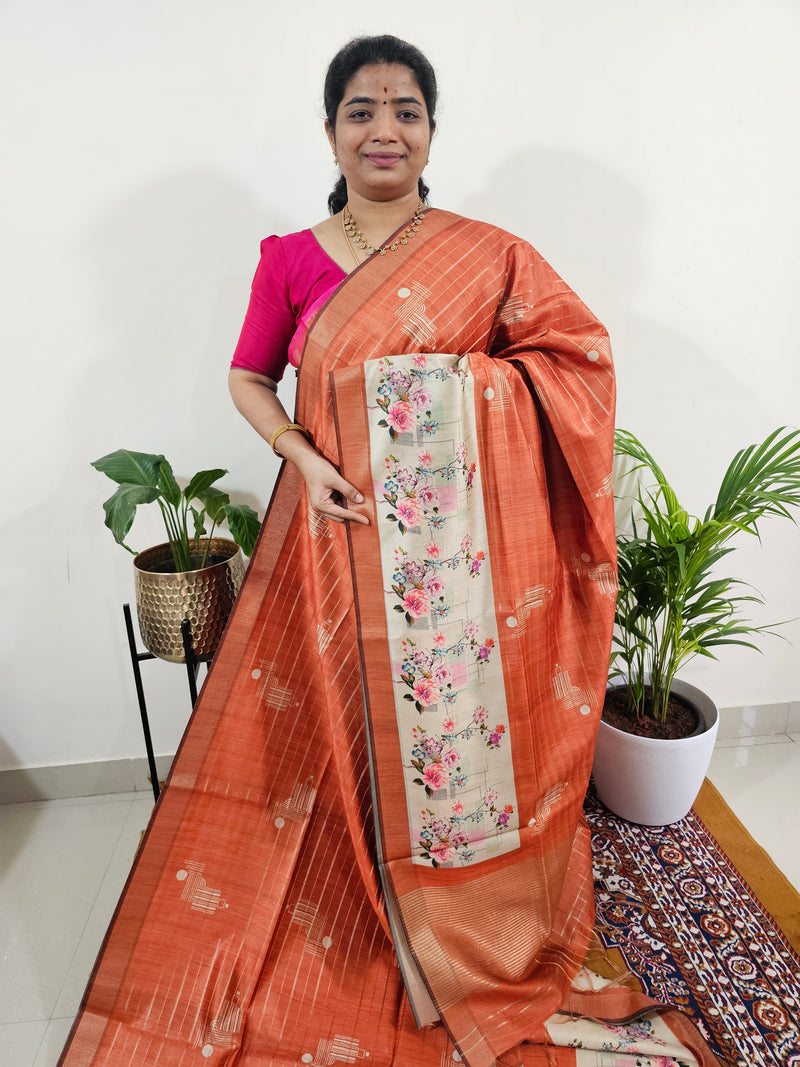 Soft Semi Tussar Weaving with Pichwai Border - Dark Orange