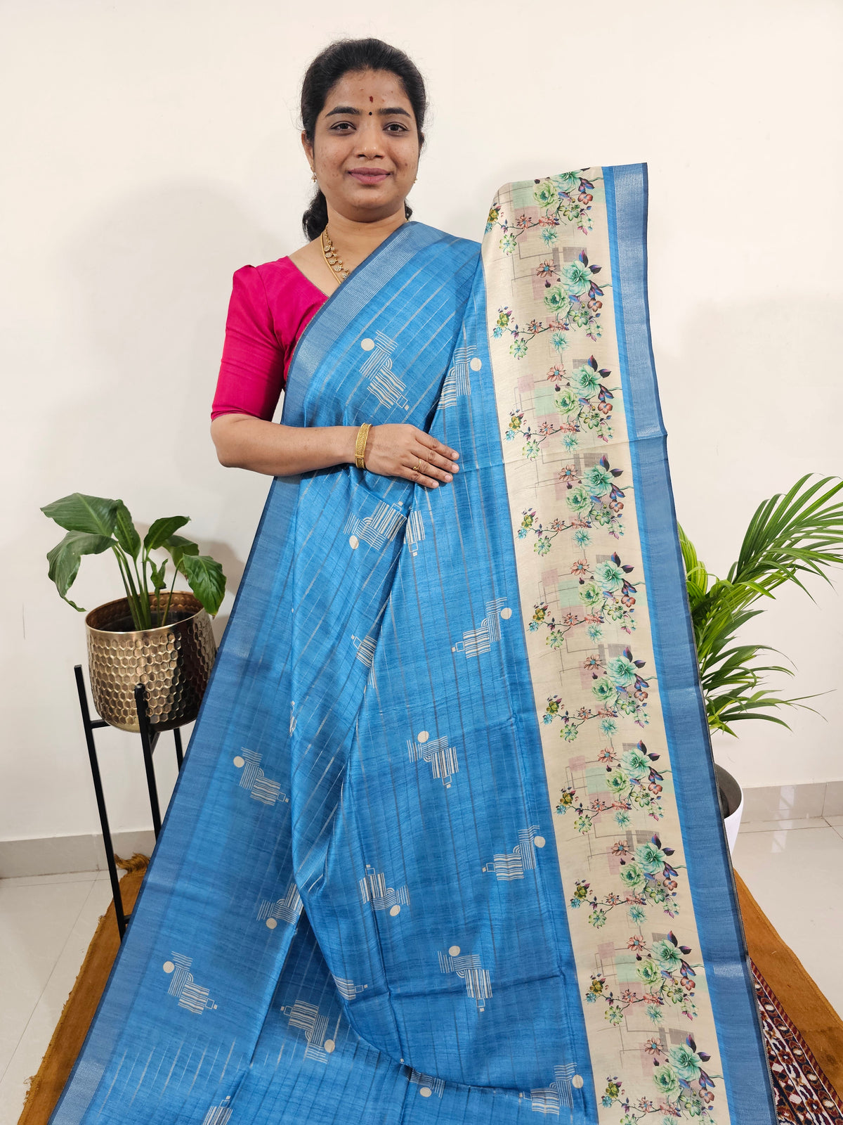 Soft Semi Tussar Weaving with Floral Border - Blue