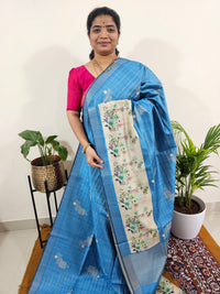 Soft Semi Tussar Weaving with Floral Border - Blue