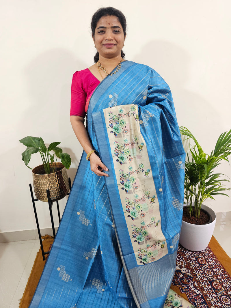Soft Semi Tussar Weaving with Floral Border - Blue