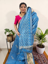 Soft Semi Tussar Weaving with Floral Border - Blue