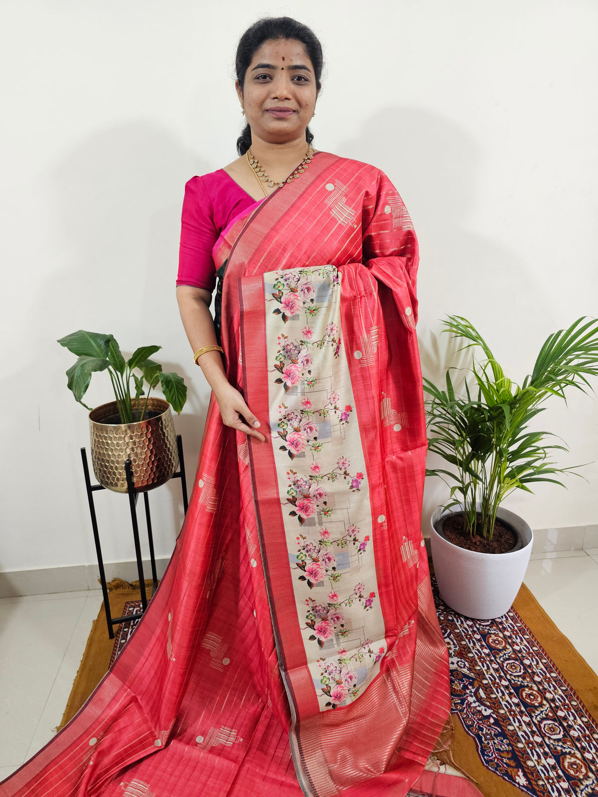 Soft Semi Tussar Weaving with Pichwai Border - Dark Red