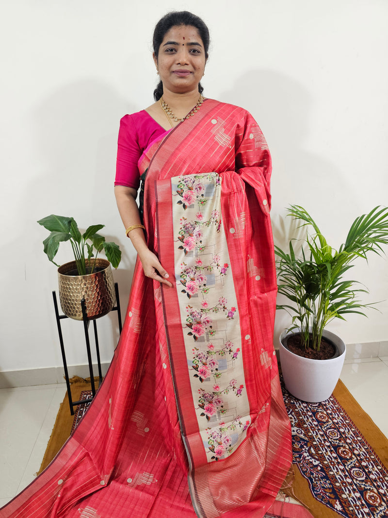 Soft Semi Tussar Weaving with Pichwai Border - Dark Red