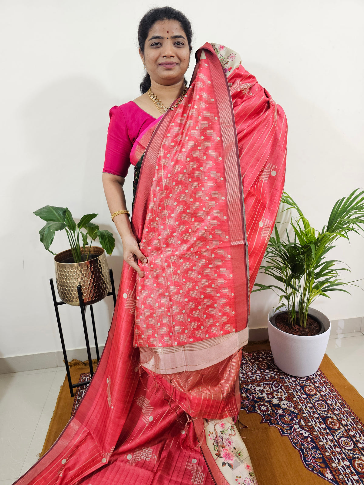 Soft Semi Tussar Weaving with Pichwai Border - Dark Red