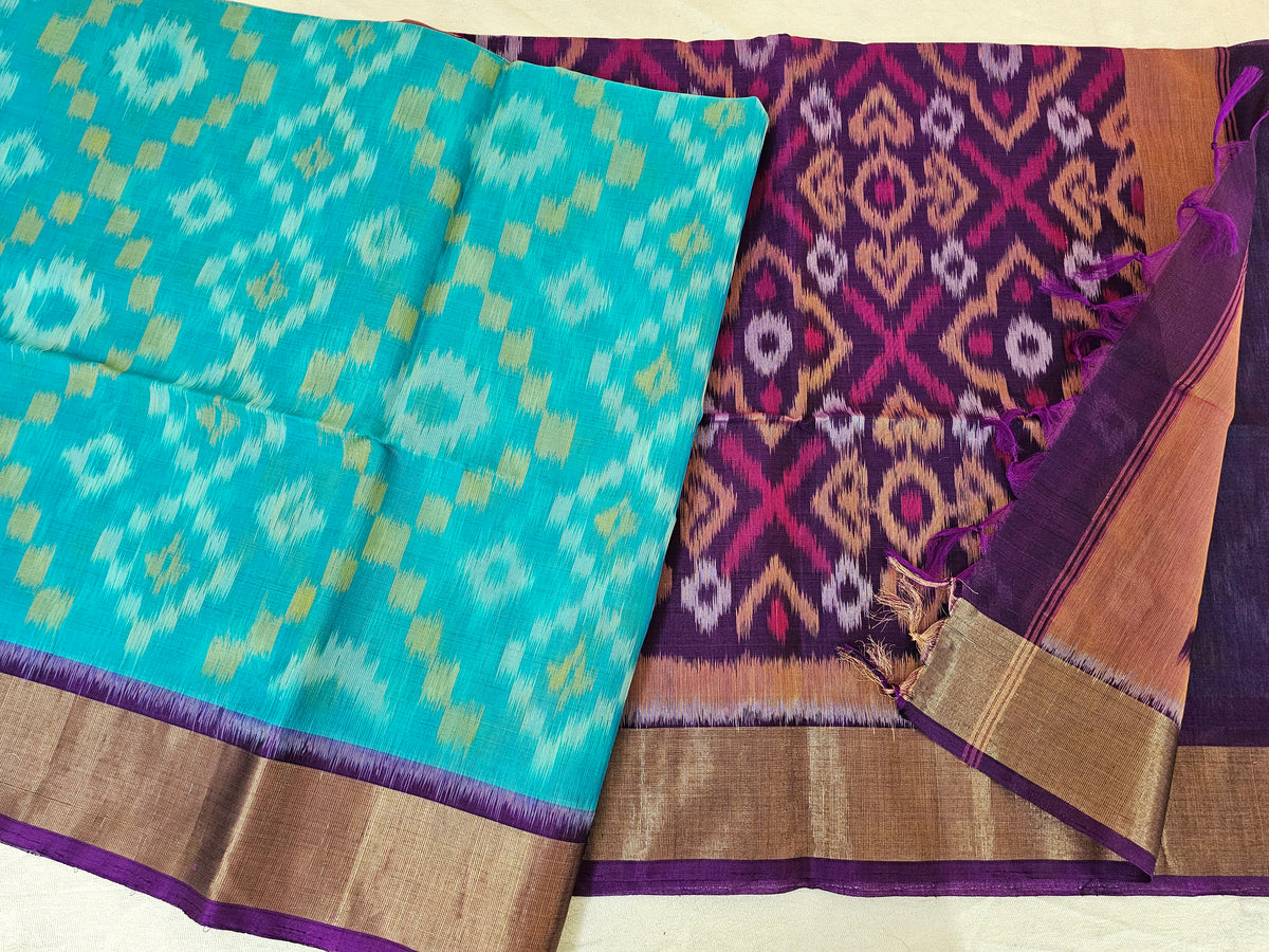 Blue with Purple Pochampally Ikkat Silk Cotton (SICO Pattu)