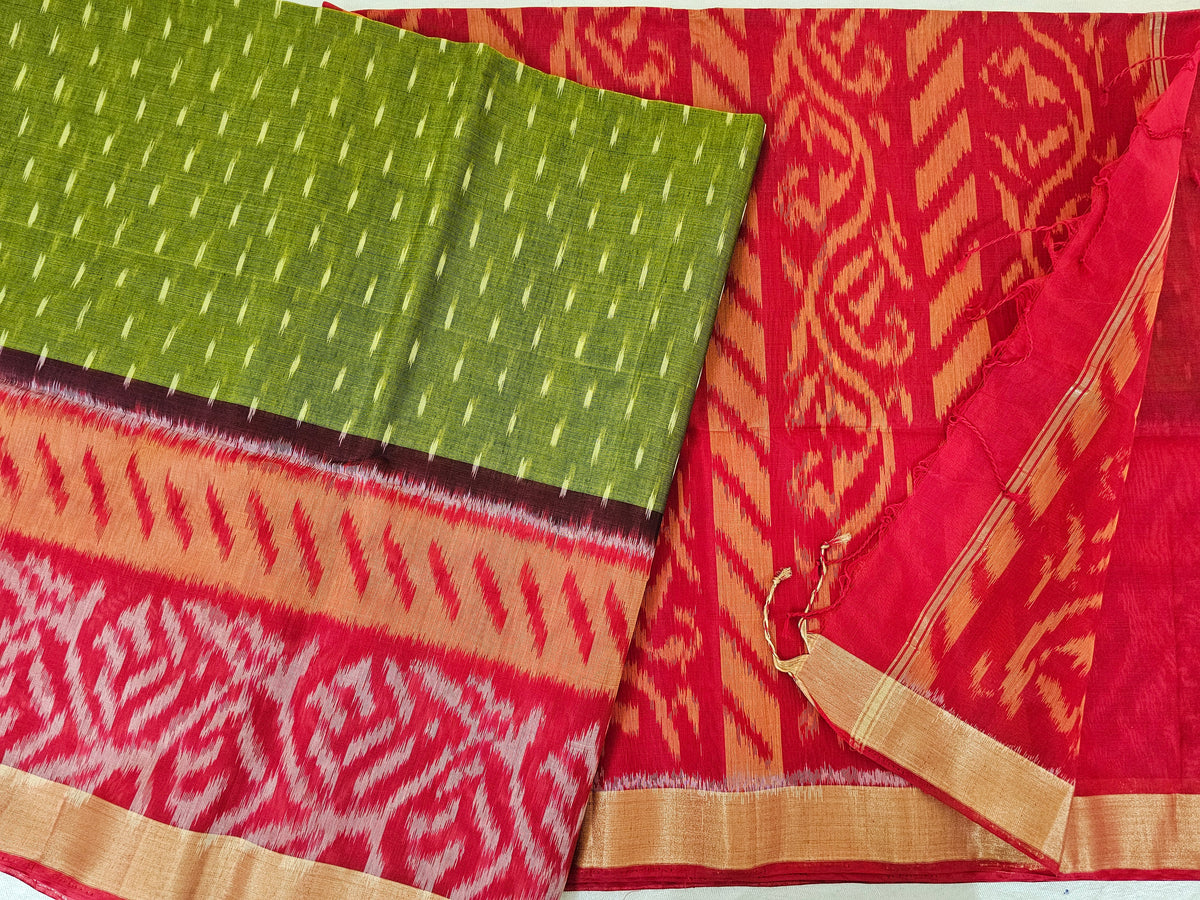 Green with Red Pochampally Ikkat Silk Cotton (SICO Pattu)