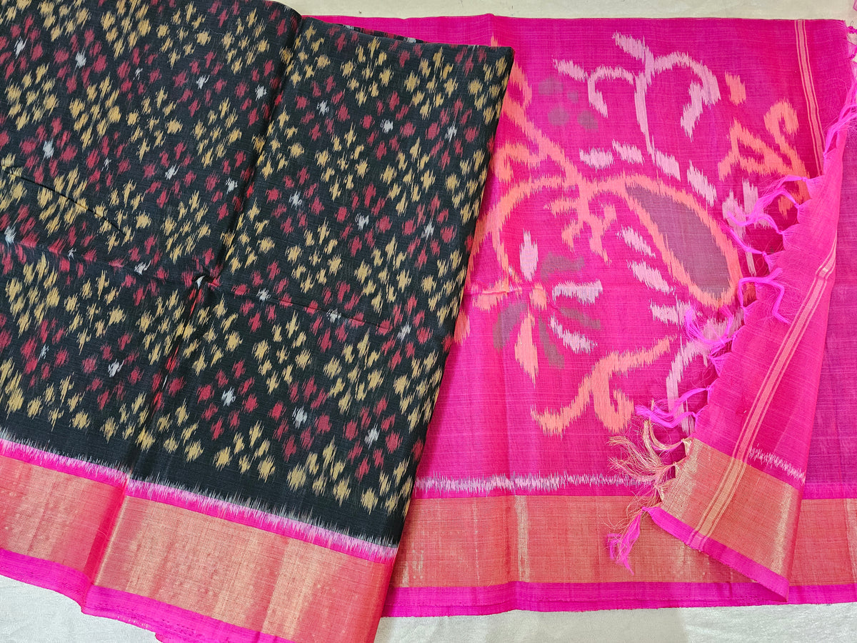 Blsck with Pink Pochampally Ikkat Silk Cotton (SICO Pattu)