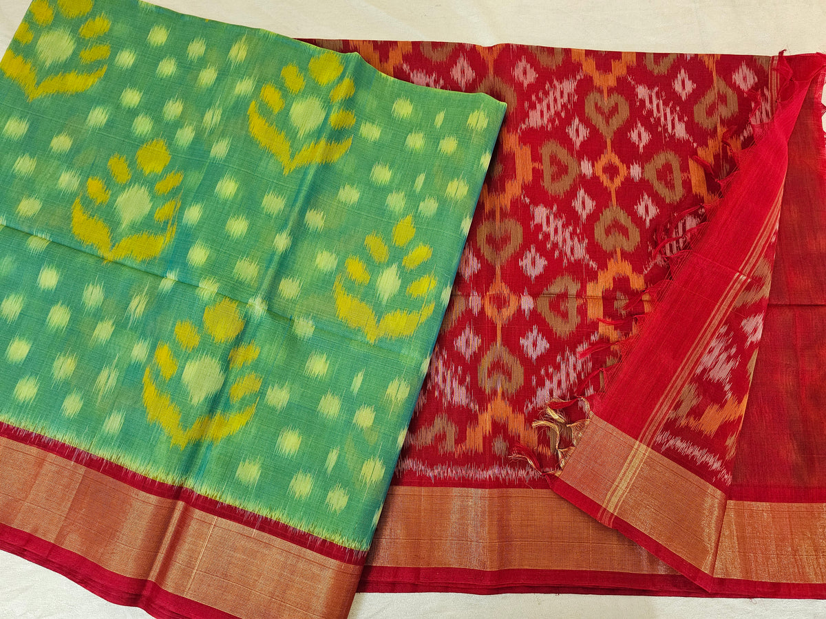 Sea Green with Red  Pochampally Ikkat Silk Cotton (SICO Pattu)