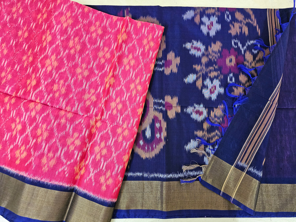 Pink with Blue Pochampally Ikkat Silk Cotton (SICO Pattu)