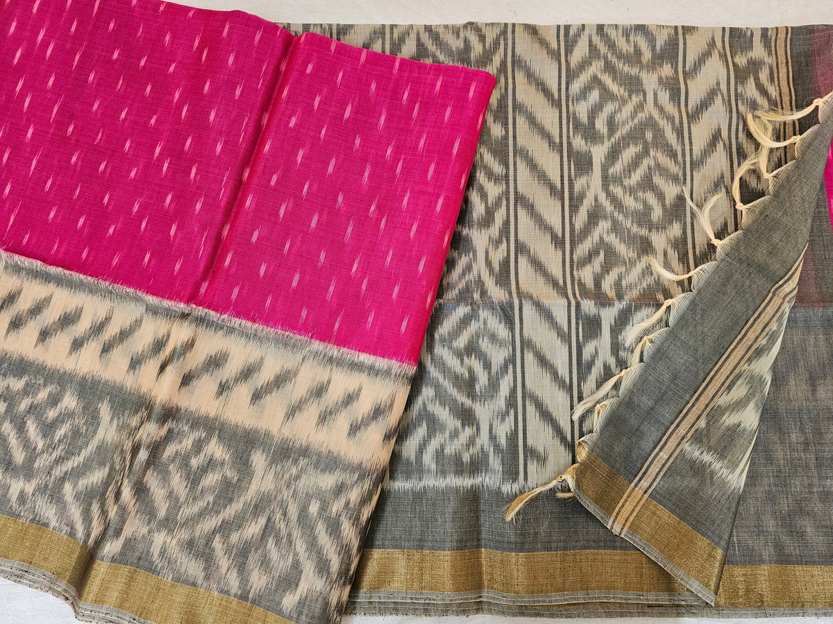 Pink with Grey Pochampally Ikkat Silk Cotton (SICO Pattu)