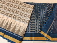 Grey with Peacock Green Pochampally Ikkat Silk Cotton (SICO Pattu)