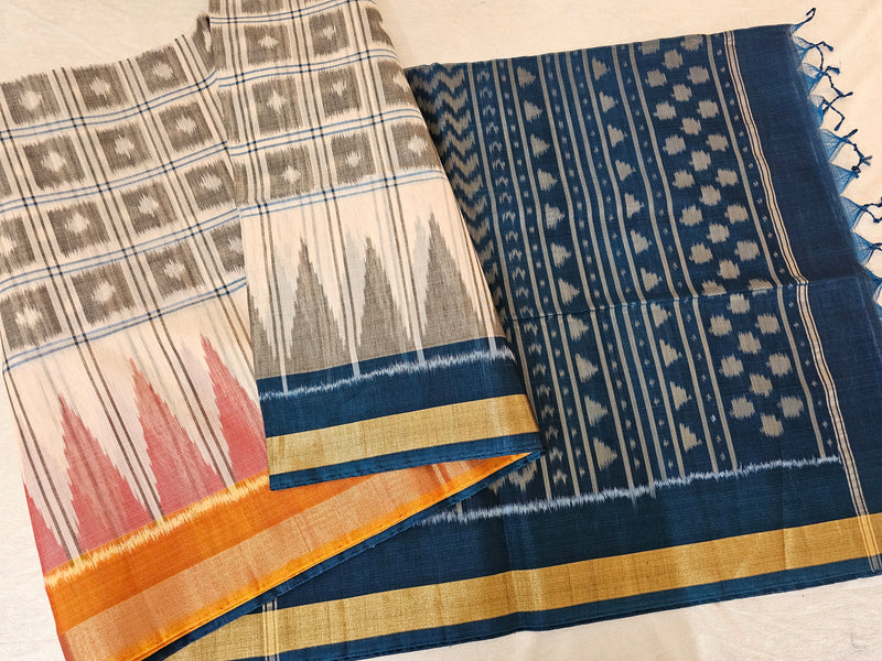 Grey with Peacock Green Pochampally Ikkat Silk Cotton (SICO Pattu)