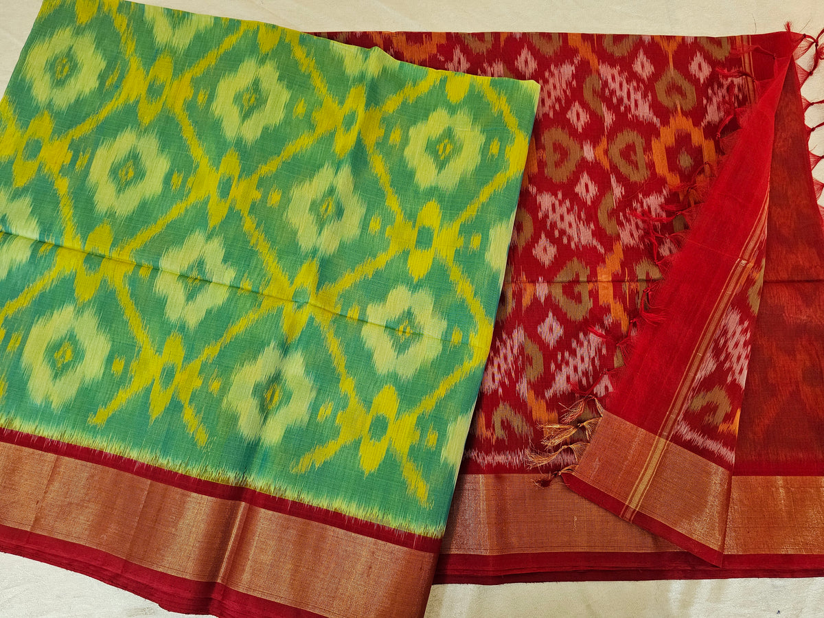 Sea Green with Red Pochampally Ikkat Silk Cotton (SICO Pattu)