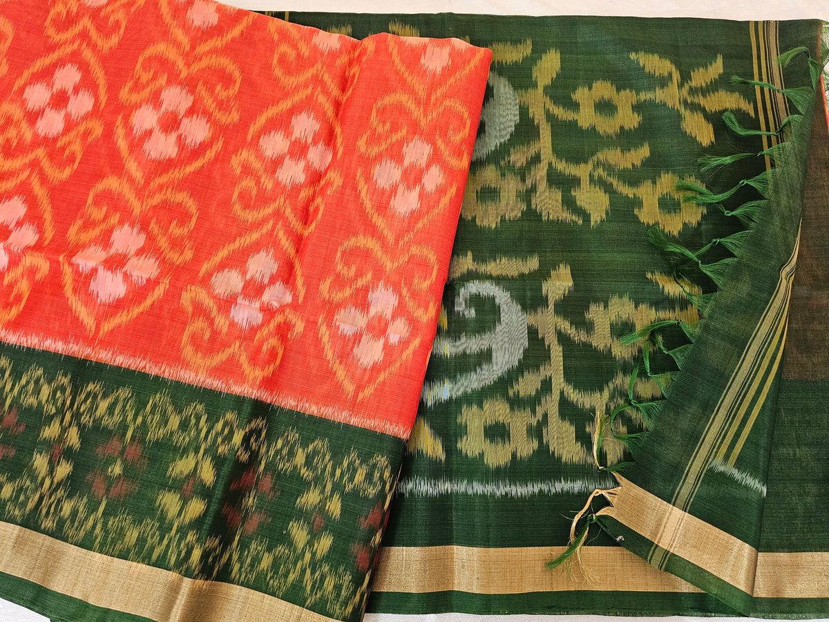 Orange with Green Pochampally Ikkat Silk Cotton (SICO Pattu)