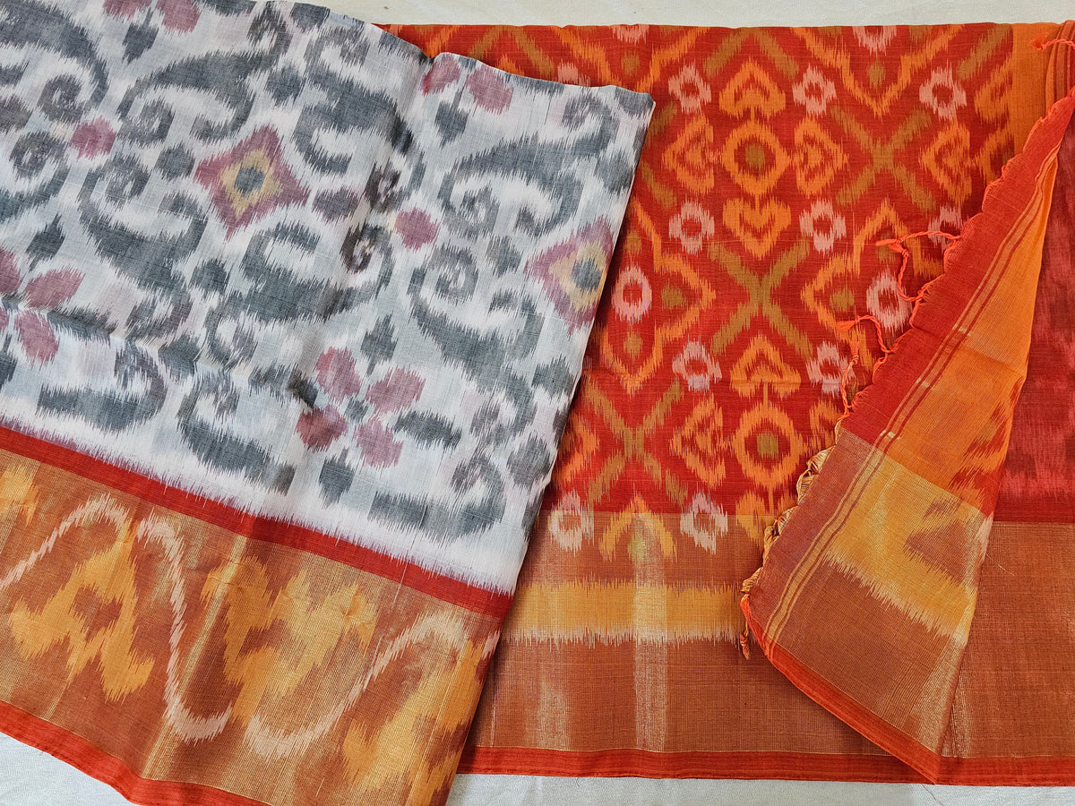 Off White with Orange Pochampally Ikkat Silk Cotton (SICO Pattu)