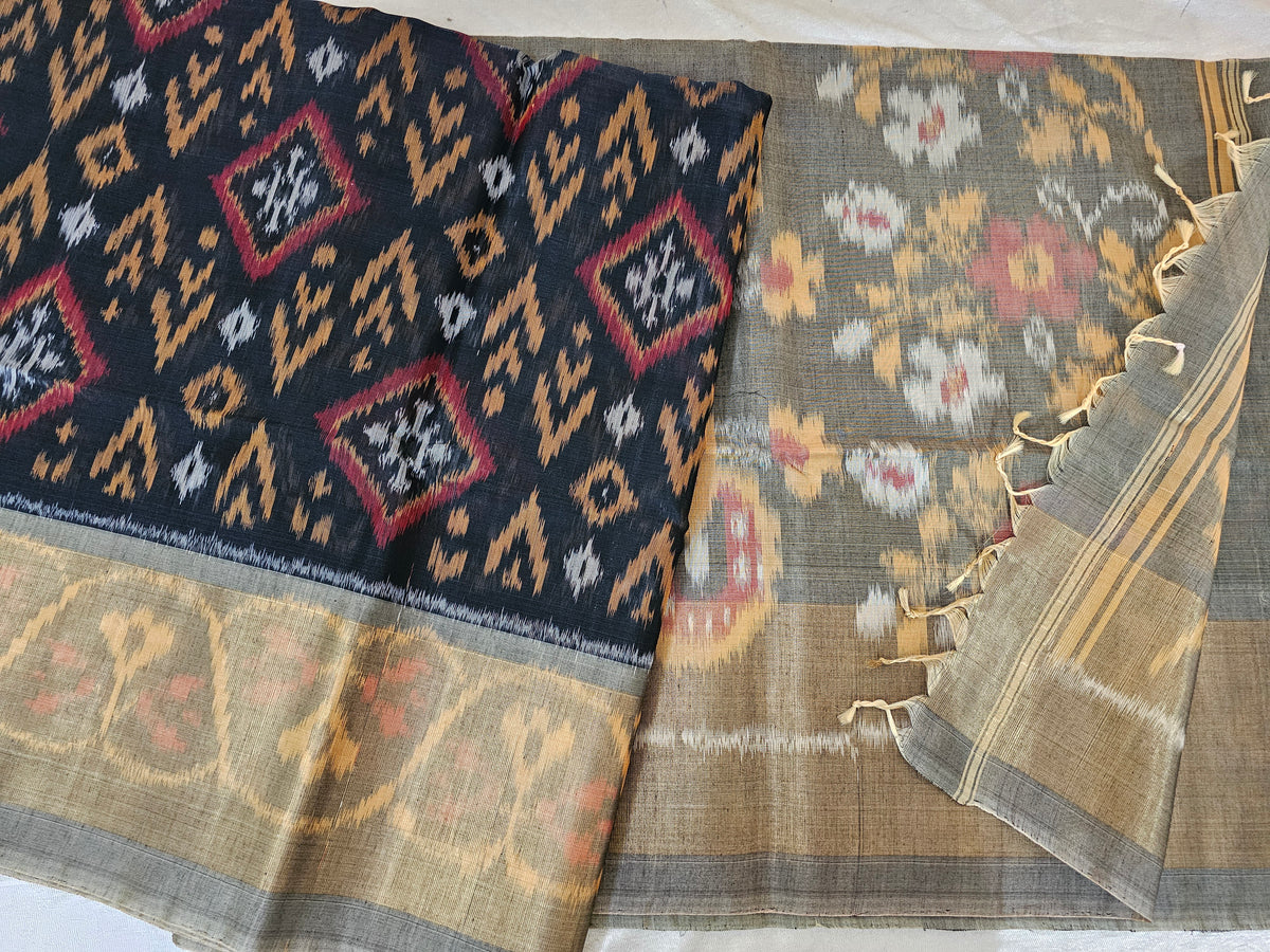 Black with Grey Pochampally Ikkat Silk Cotton (SICO Pattu)