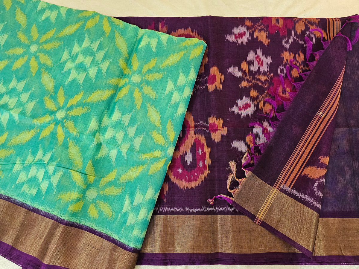 Sea Green with Purple Pochampally Ikkat Silk Cotton (SICO Pattu)