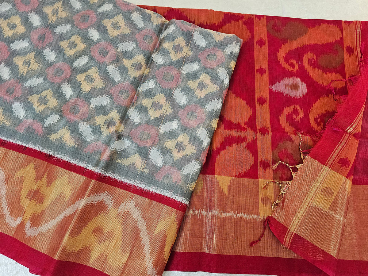 Grey with Red Pochampally Ikkat Silk Cotton (SICO Pattu)