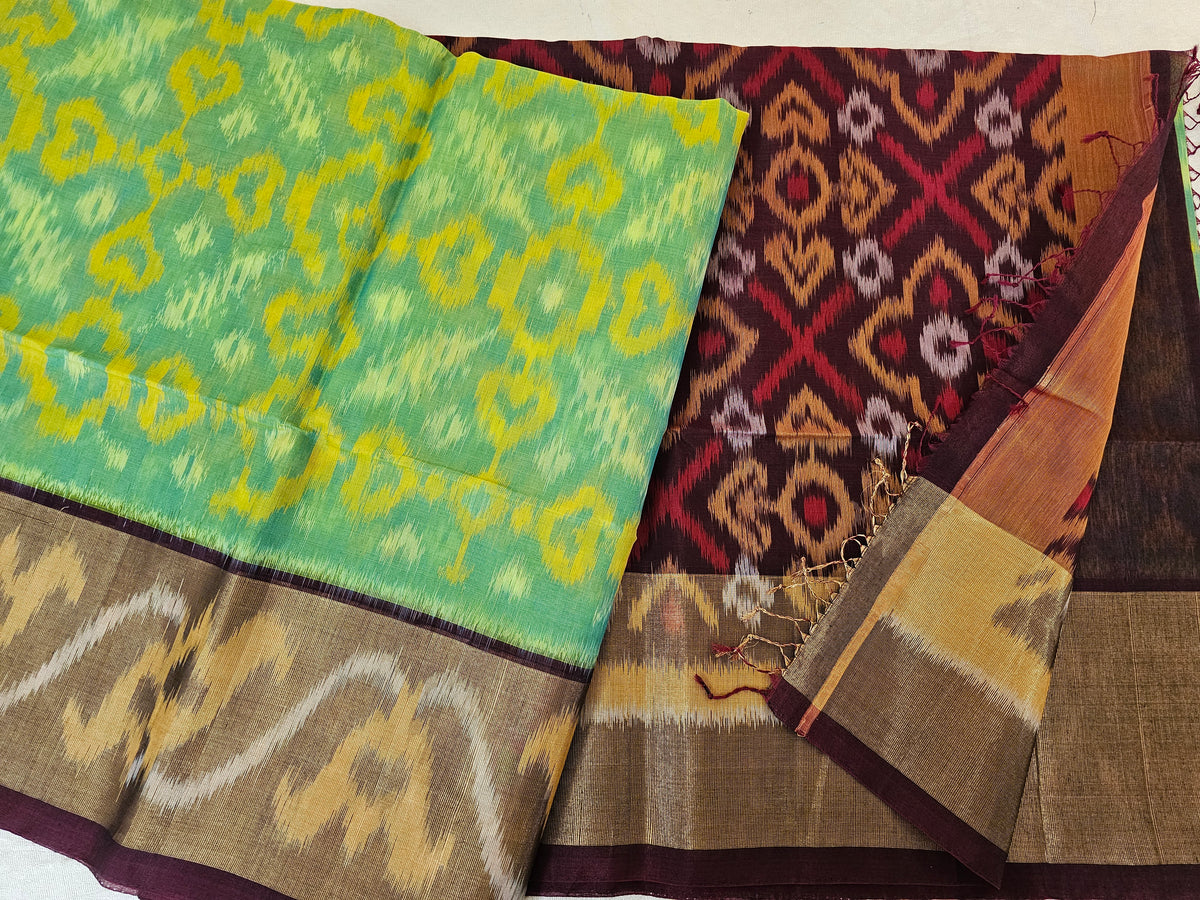 Sea Green with Brown Pochampally Ikkat Silk Cotton (SICO Pattu)